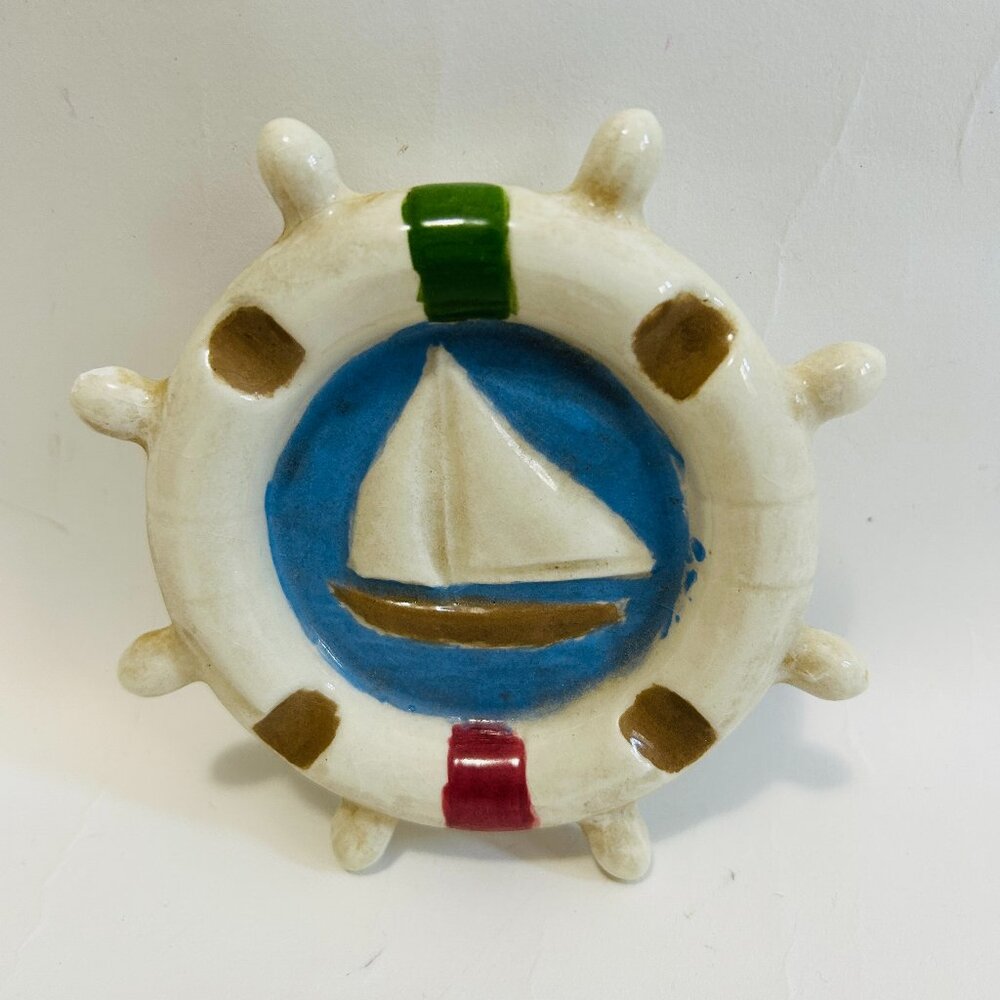 Vintage Ship's Wheel Ceramic Hand painted Ashtray Sailboat Signed Trinket Dish